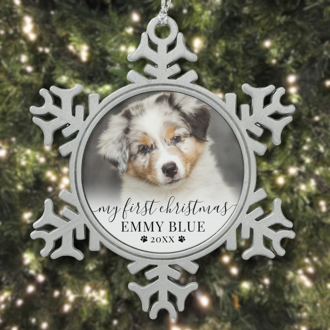 Personalisiertes Haustier Erstes Weihnachtsjunges  Schneeflocken Zinn-Ornament (Personalized Pet First Christmas Puppy Dog Photo Snowflake Pewter Christmas Ornament)