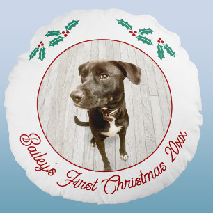 Personalisiertes Haustier-Hunde-Weihnachtsfoto zum Rundes Kissen
