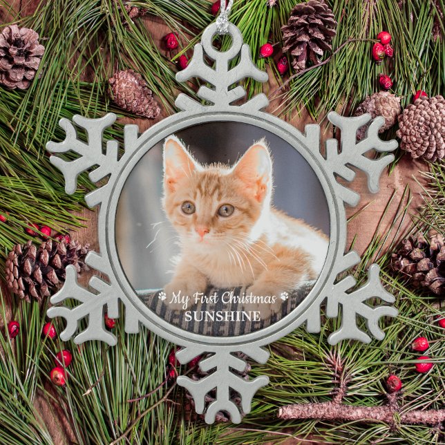 Personalisiertes Haustier Kitten Foto Katze Erste  Schneeflocken Zinn-Ornament (Von Creator hochgeladen)