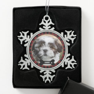Personalisiertes Haustierfoto Rotkariertes Elegant Schneeflocken Zinn-Ornament