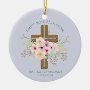 Personalisiertes Heiliges Kommunion Blumenkreuz Keramik Ornament