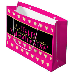 Personalisiertes Heißrosa Gold Herz Valentinstag Große Geschenktüte