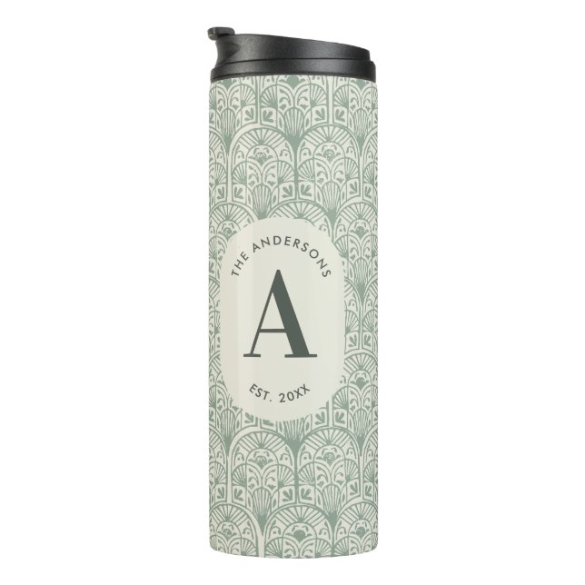 Personalisiertes Hellgrün Monogramm Eleganter Art  Thermosbecher (Nach rechts gedreht)