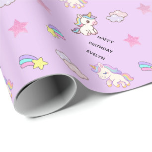 Personalisiertes Helllila-Einhorn-Geburtstag Geschenkpapier