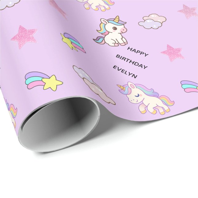 Personalisiertes Helllila-Einhorn-Geburtstag Geschenkpapier (Rolleneckpunkt)