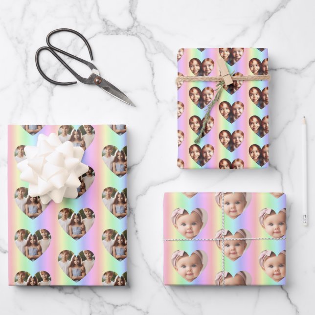 Personalisiertes Herz-Foto, Vertikaler Regenbogen Geschenkpapier Set (Vorderseite)