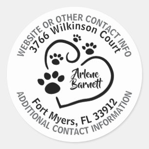 Personalisiertes Herz mit Paw Prints und Kontaktin Runder Aufkleber