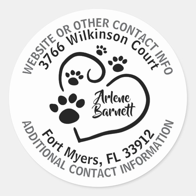Personalisiertes Herz mit Paw Prints und Kontaktin Runder Aufkleber (Vorderseite)