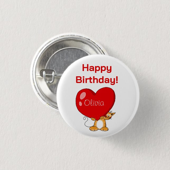 Personalisiertes Herzkatze zum Geburtstag Button (Vorne & Hinten)