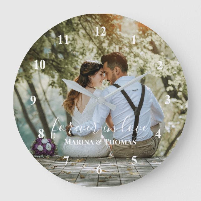 Personalisiertes HochzeitsFoto mit moderner Kallig Große Wanduhr (Vorderseite)