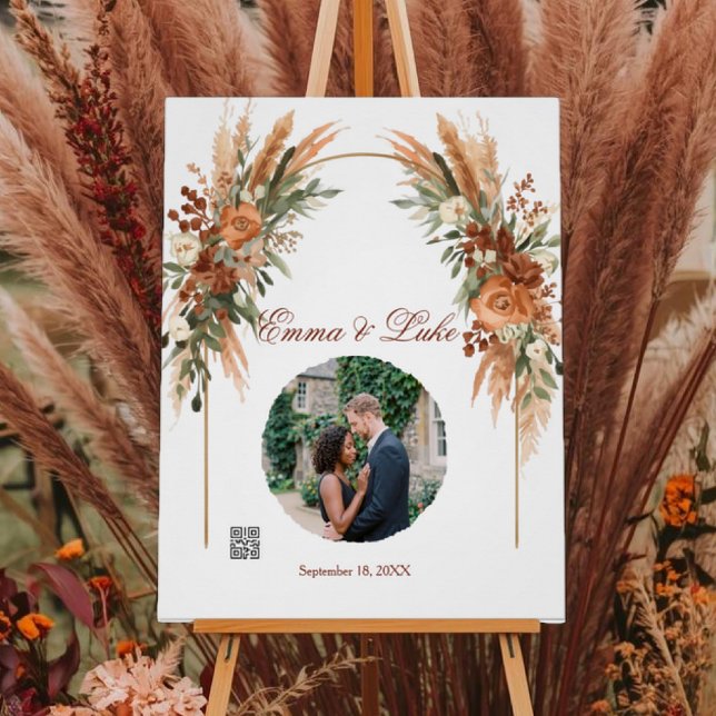 Personalisiertes Hochzeitsfoto-QR-Code-Schild | Ru Poster (Personalized wedding QR code sign with photo, boho florals, custom names, and wedding website.)