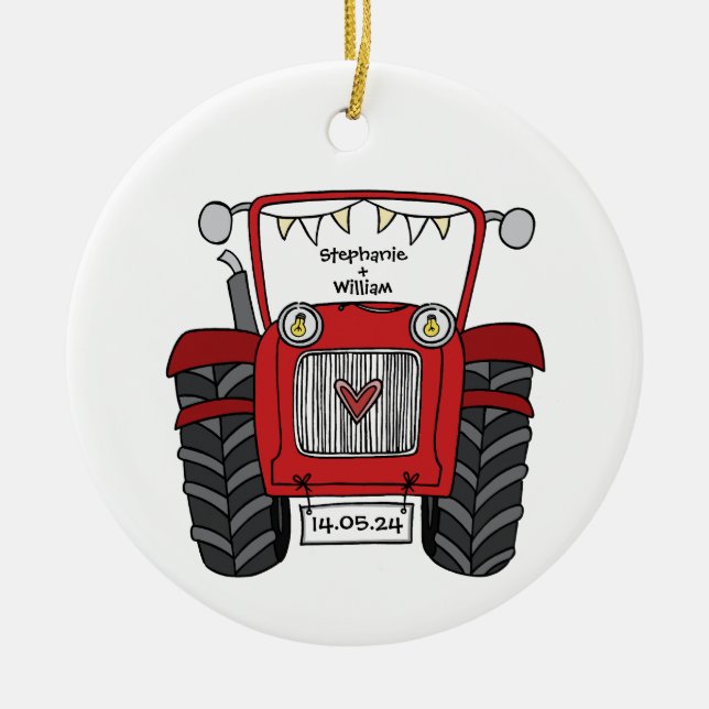 Personalisiertes Hochzeitsgeschenk für Red Tractor Keramik Ornament (Vorne)