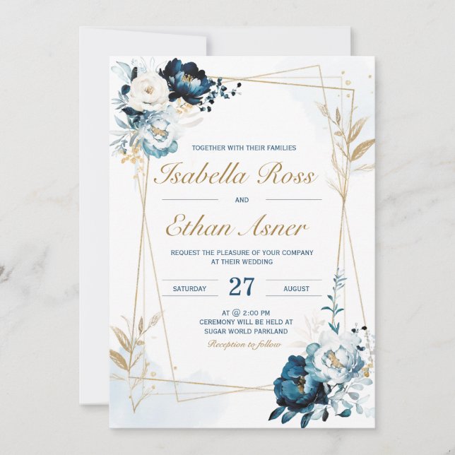 Personalisiertes Hochzeitspaket für Navy und Gold Einladung (Vorderseite)