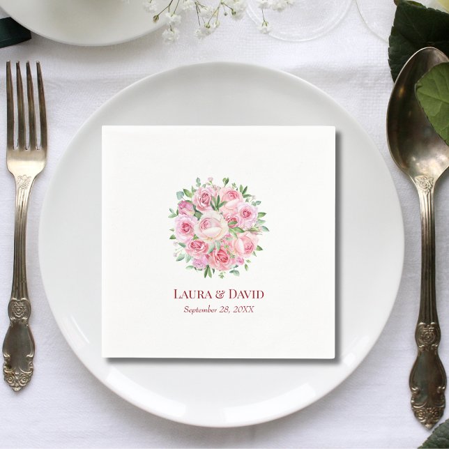 Personalisiertes Hochzeitspapier mit moderner Wass Serviette (Personalized watercolor rose napkins add soft modern romance to wedding tables.)