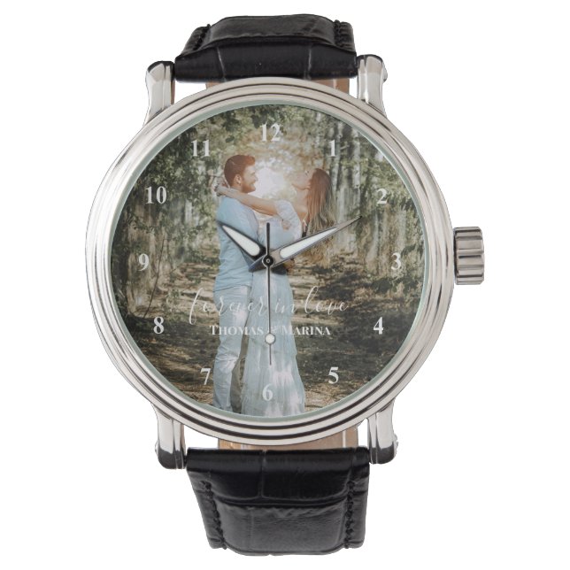Personalisiertes Hochzeitsportrait Moderne Kalligr Armbanduhr (Vorderseite)