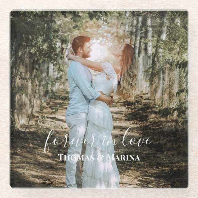 Personalisiertes Hochzeitsportrait Moderne Kalligr Glasuntersetzer (Vorderseite)