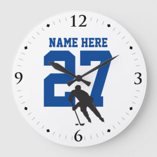 Personalisiertes Hockey-Spieler-Namen-Zahl-Blau Große Wanduhr