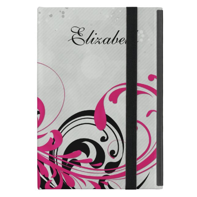 Personalisiertes Hot-Pink Schwarz Floral iPad Mini Hülle (Vorderseite Geschlossen)