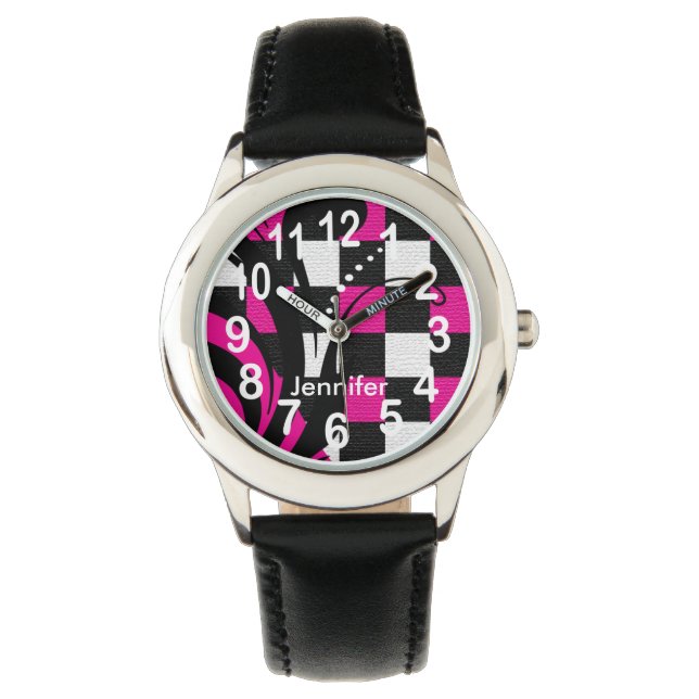 Personalisiertes Hot Pink, Schwarz und Weiß Abstra Armbanduhr (Vorderseite)