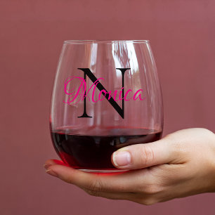 Personalisiertes Hot Pink und schwarzes Monogramm Weinglas Ohne Stiel