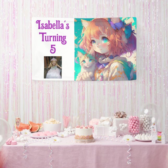 Personalisiertes Hübsches Anime Girl mit Kitten Banner (Party)