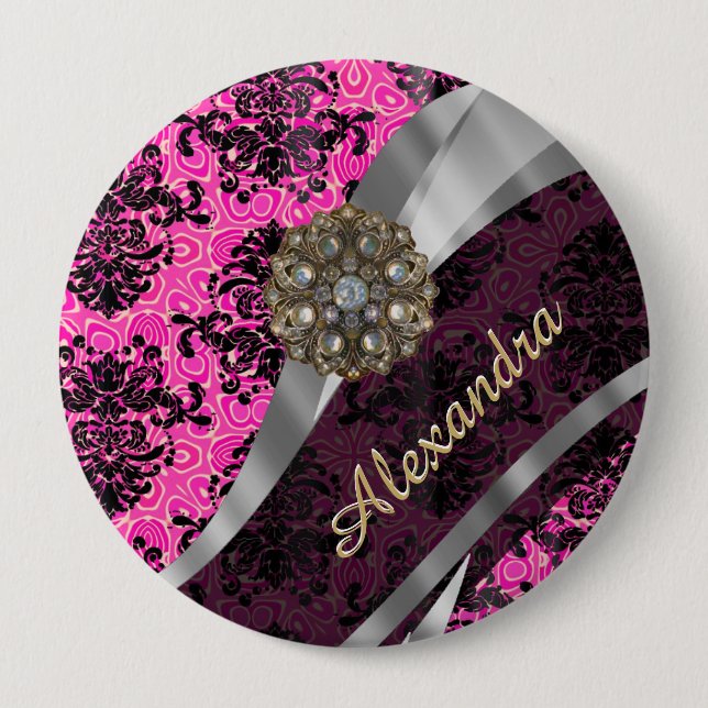 Personalisiertes hübsches girly rosa Damastmuster Button (Vorderseite)