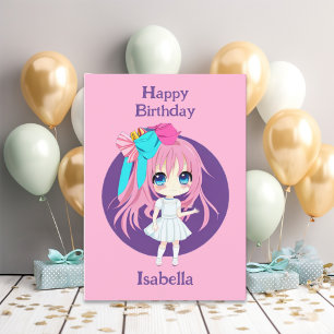 Personalisiertes Hübsches Rosa Anime Birthday Girl Karte