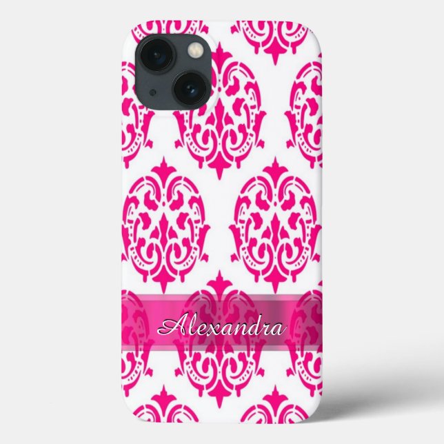 Personalisiertes hübsches Rosa und weißer Damast Case-Mate iPhone Hülle (Rückseite)