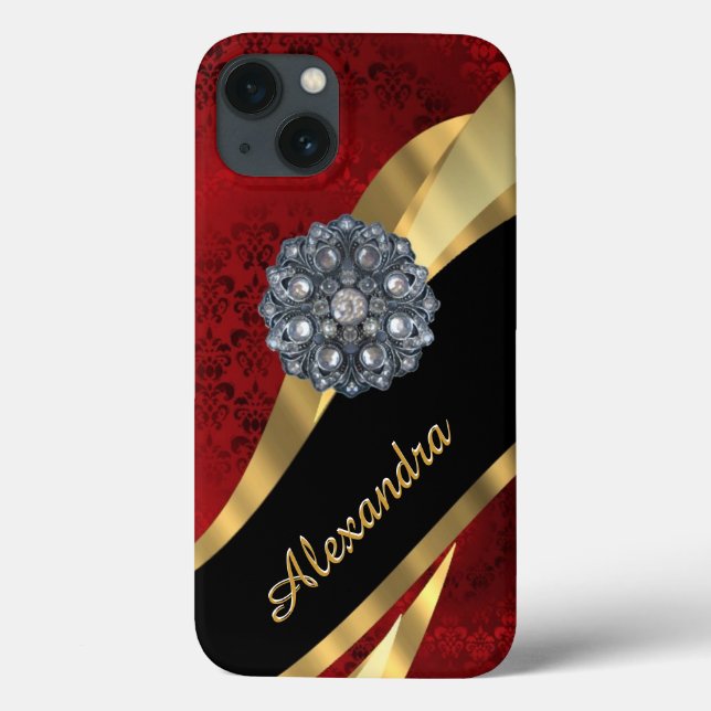 Personalisiertes hübsches, rotes Damastmuster Case-Mate iPhone Hülle (Rückseite)