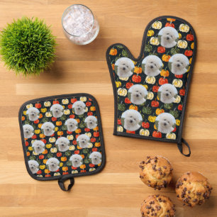 Personalisiertes Hund Foto Pumpkins Ofenhandschuh & Topflappen-Set