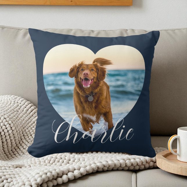 Personalisiertes Hundebild Navy Blau Script Herz Kissen (Pet Photo Navy Blue Script Heart Personalized Dog Throw Pillow)
