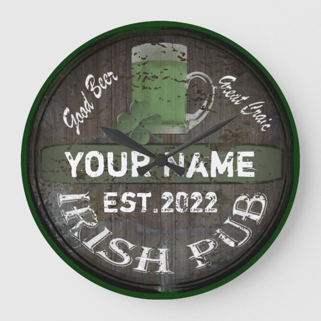 Personalisiertes irisches Pub-Zeichen Große Uhr (Vorderseite)