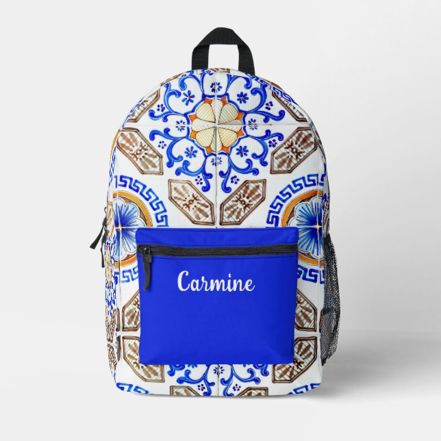 Personalisiertes italienisches Blaumosaik Bedruckter Rucksack (Vorderseite)