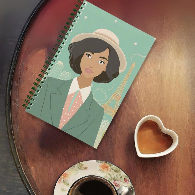 Personalisiertes Journal "Nostalgic for Paris" Notizbuch (Green "Nostalgic for Paris Journal" featuring a vintage woman in front of the Eiffel Tower.)