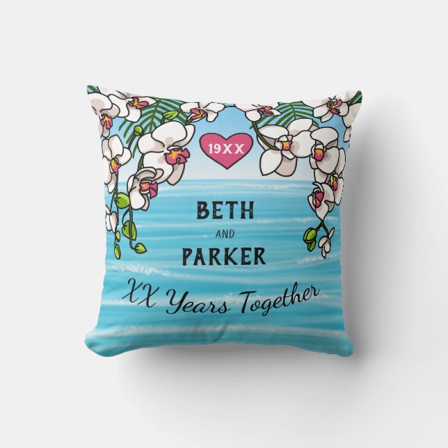 Personalisiertes Jubiläum Tropical Beach Orchideen Kissen (Vorderseite)