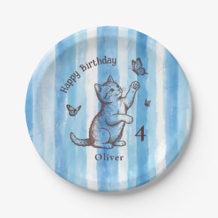 Personalisiertes Jungen Vintage Blau Kitten Geburt Pappteller