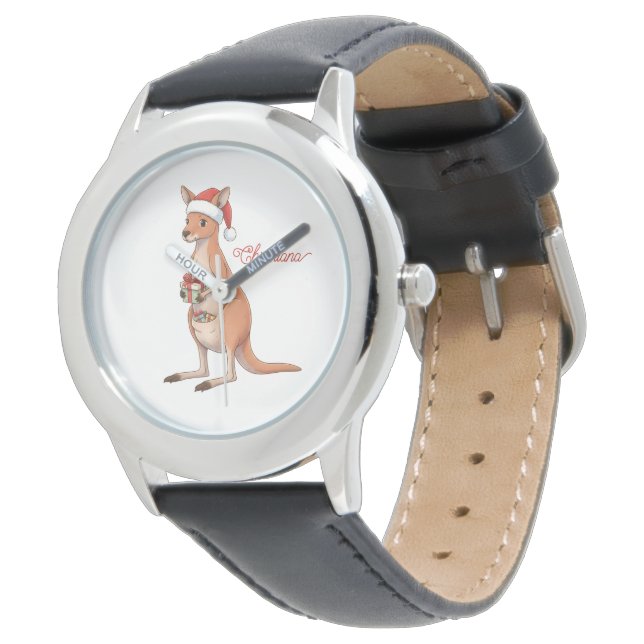 Personalisiertes Känguru mit Weihnachtsmannhut Wei Armbanduhr (Schrägansicht)