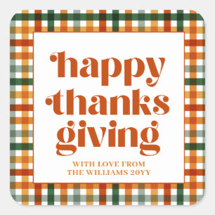 Personalisiertes Kariert Happy Thanksgiving-Gesche Quadratischer Aufkleber