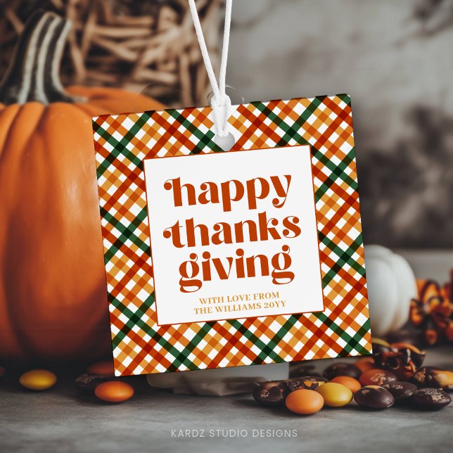 Personalisiertes Kariertes Glücksgeschenk Geschenkanhänger (Personalized Thanksgiving Gift or Favor Tag. In a rustic plaid orange color palette and bold type.)