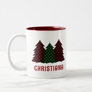 Personalisiertes Kariertes Muster Weihnachtsbaum Zweifarbige Tasse
