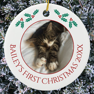 Personalisiertes Katzen-Weihnachtsfoto zum ersten Keramik Ornament