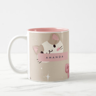 Personalisiertes Kawaii-Katzengesicht-Muster Zweifarbige Tasse