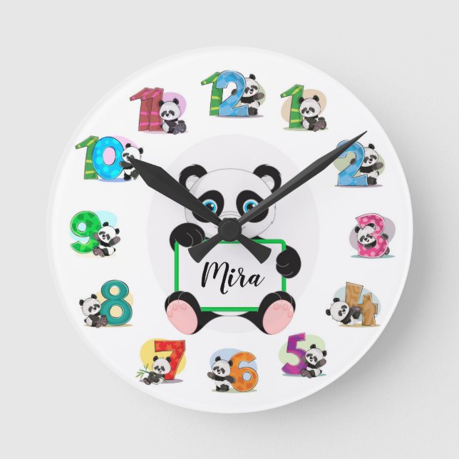 Personalisiertes Kinderzimmer Panda Clock Runde Wanduhr (Vorderseite)