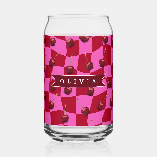 Personalisiertes Kirsch-Gingham Retro Individuelle Dosenglas (Vorderseite)