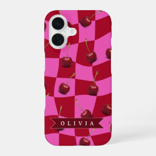 Personalisiertes Kirsch-Gingham Retro Individuelle iPhone 16 Hülle