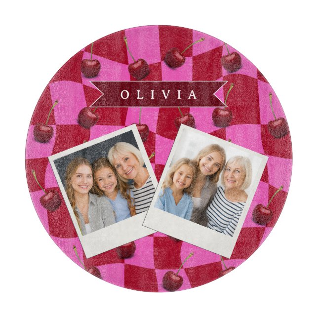 Personalisiertes Kirsch-Gingham Retro Individuelle Schneidebrett (Vorderseite)