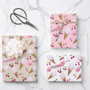 Personalisiertes Kirscheis Creme Cones Pink Pastet Geschenkpapier Set