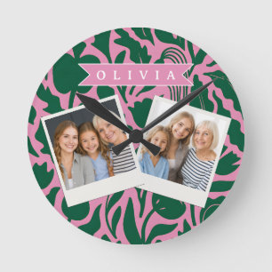 Personalisiertes kräftiges rosa botanisches Blumen Runde Wanduhr