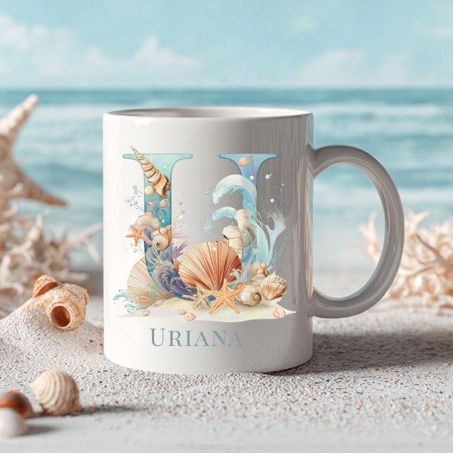 Personalisiertes Küstenmonogramm U Anfangsbuchstab Kaffeetasse (Personalized Coastal Monogram U Initial Beach Coffee Mug)