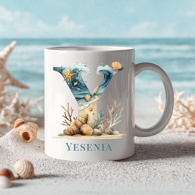 Personalisiertes Küstenmonogramm Y Anfangsbuchstab Kaffeetasse (Personalized Coastal Monogram Y Initial Beach Coffee Mug)